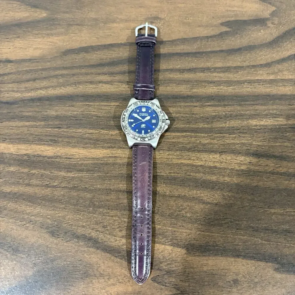 Vintage Fossil Blue Watch Mens Blue Dial 50M AM-3165 Speidel Leather Band 18mm